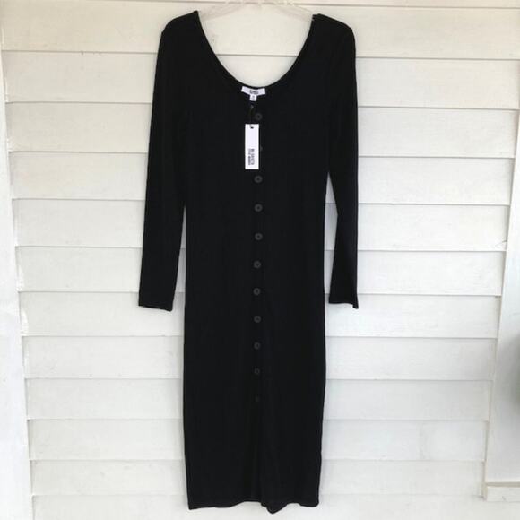 Steve Madden BB Dakota NEW Trish Ribbed Black Button Long Sleeve Pencil Dress M - Picture 2 of 7